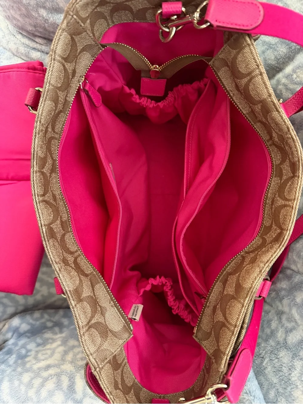 Coach Brown Signature Canvas Tote with Pink Trim and Straps